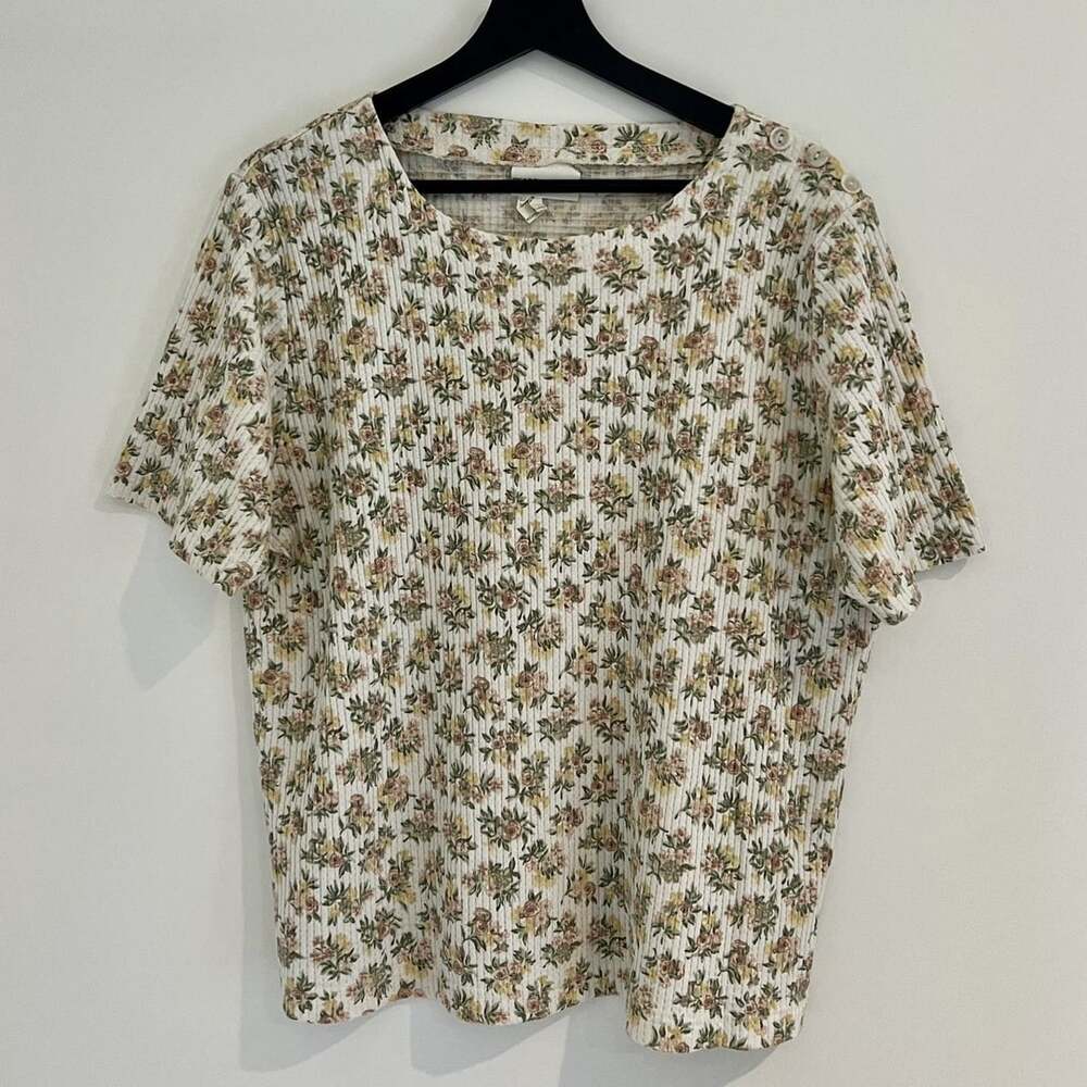Vintage 90s Floral Ribbed Top XL Short Sleeve Cottagecore Grandma Chic Softgirl